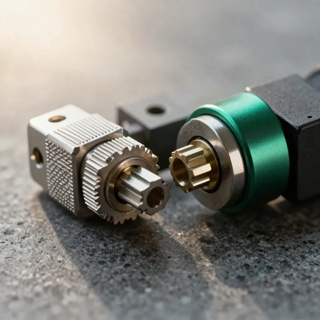 Macro of a knurled joiner aligning into a slotted bracket on matte stone with emerald accent.