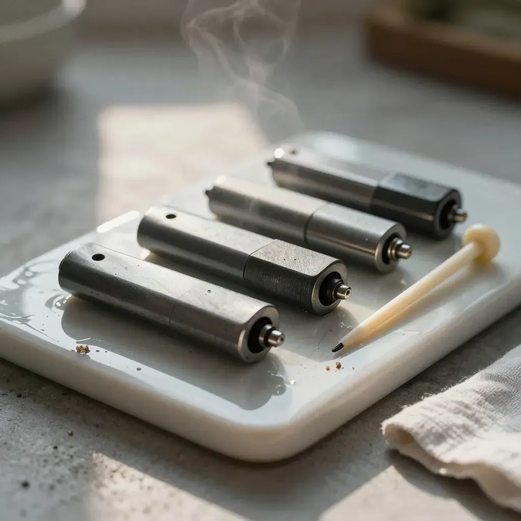 Overhead still life of matte couplers, bridge plates and a ceramic alignment pin on a grey slab.