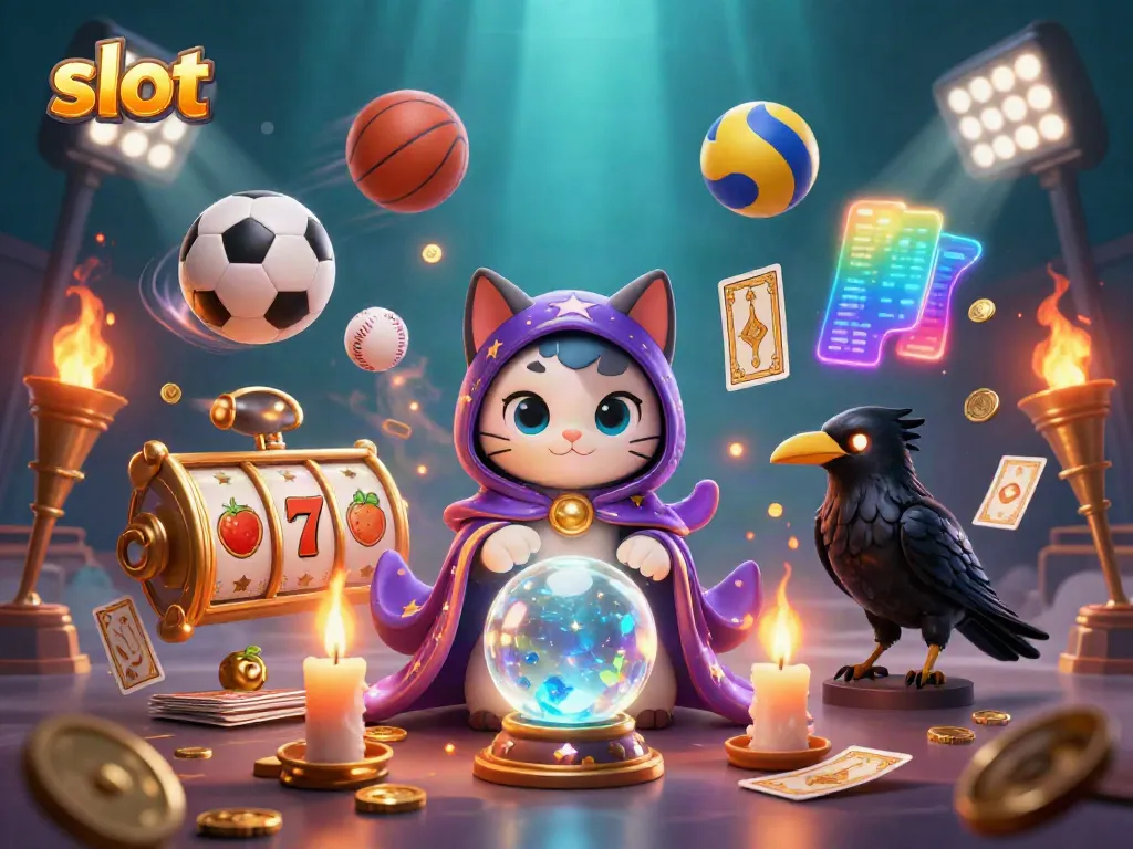 Engage with thrilling slot machines featuring a fortune teller cat, raven, and rich casino elements.