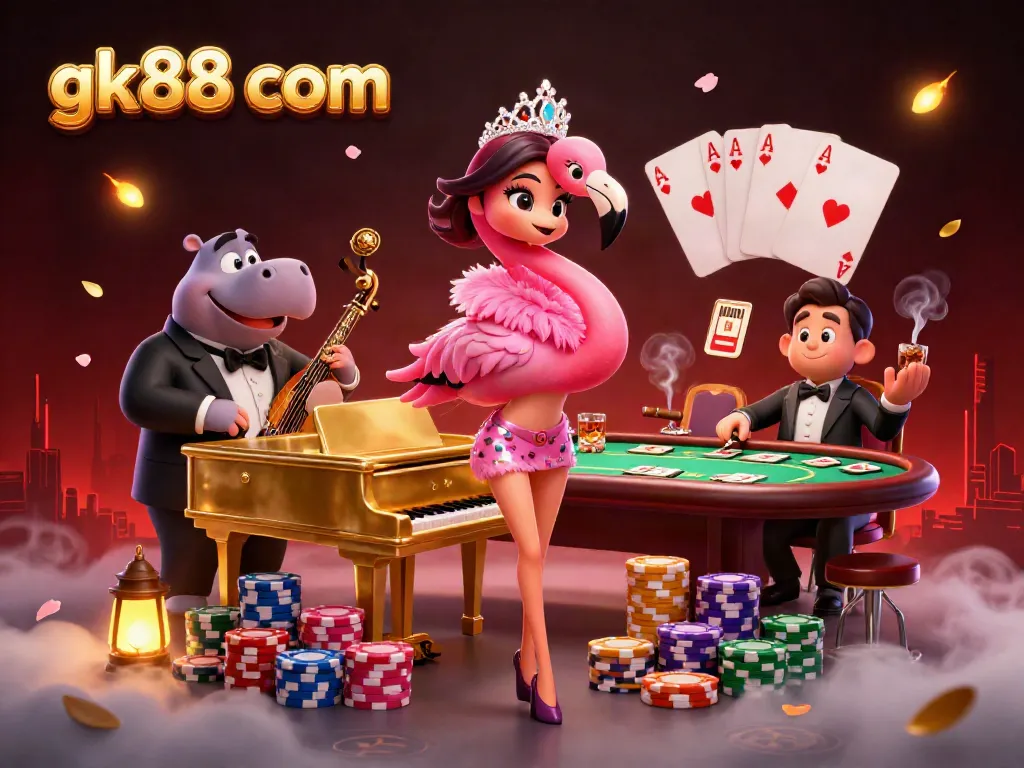 Experience excitement at gk88 com with a dynamic casino scene featuring vibrant characters and game elements.