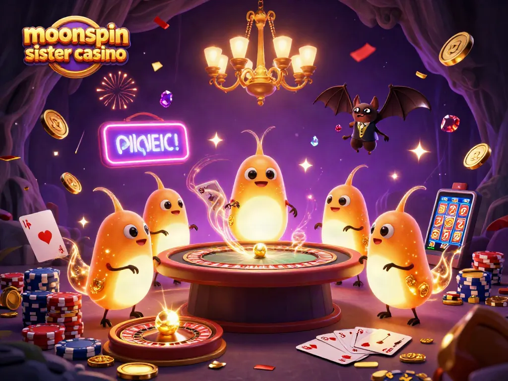 Experience the excitement at moonspin sister casino with vibrant slots, games, and glowing characters.