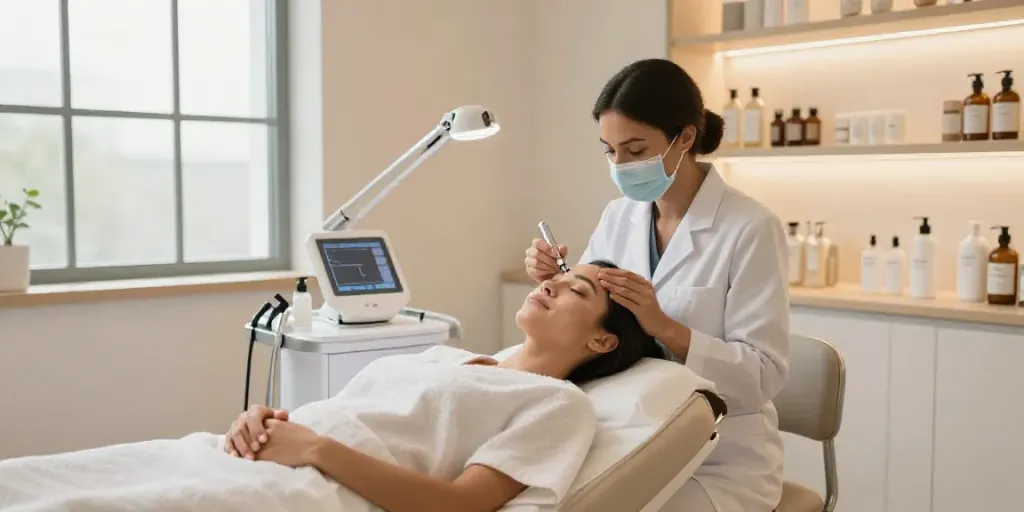 Client receiving CCeye® treatment for Augenringe entfernen in a soothing beauty treatment room.
