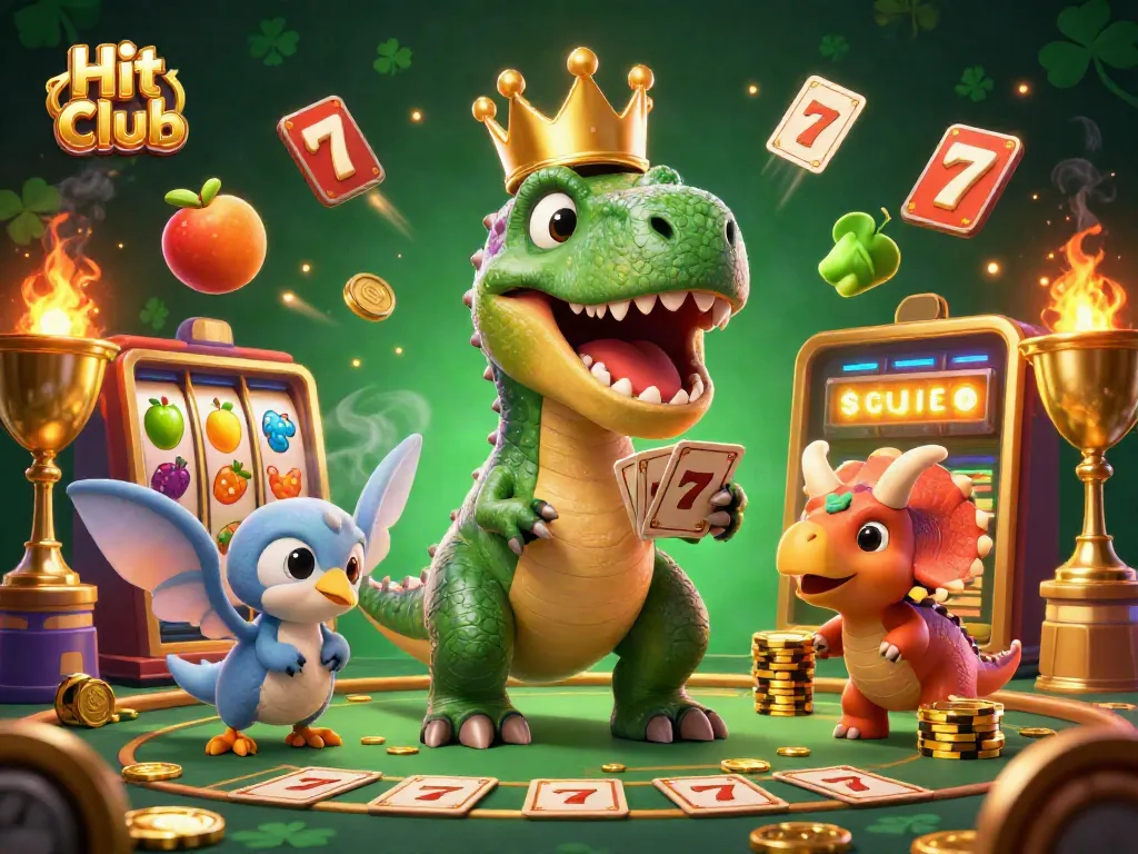 Experience exciting gameplay at Hit club with friendly T-Rex, pterodactyl assistant, and triceratops stacking chips.
