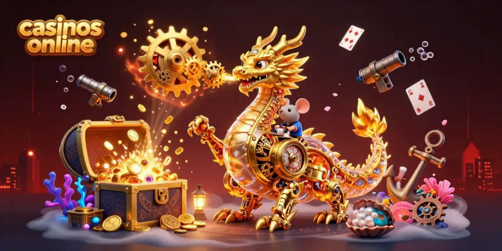 Engage with exciting casinos online, featuring a golden dragon and rich gaming elements