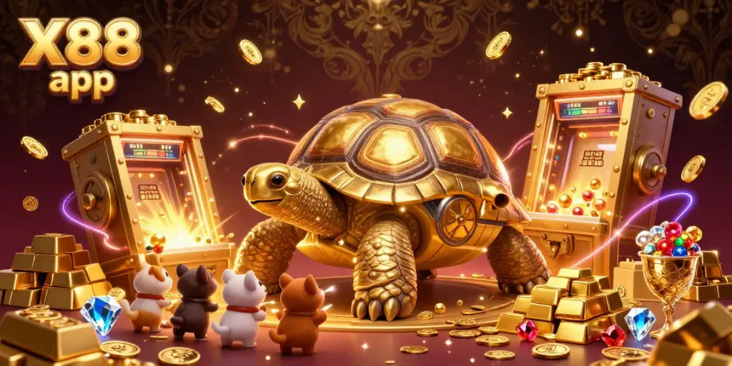 Play the X88 app with a vibrant casino-themed golden tortoise pinball scene filled with treasures.
