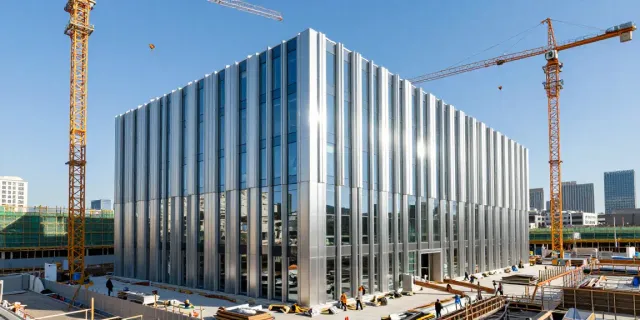 Installation of a currain wall system on a modern building, showcasing architectural innovation.