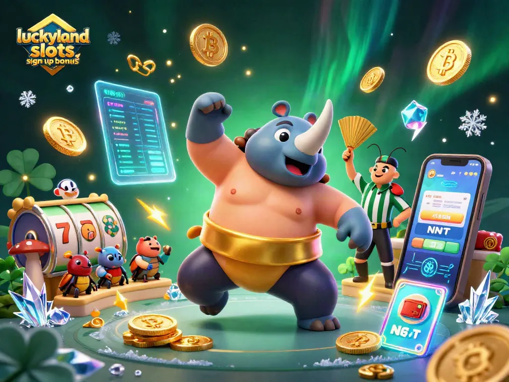 Experience the excitement of luckyland slots sign up bonus with a vibrant 3D casino illustration featuring beetles and coins.