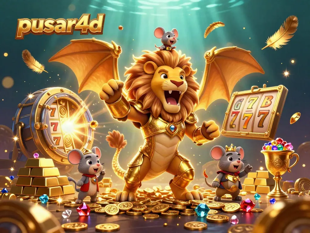 Experience the excitement of pusar4d with a victorious chimera and a mouse jockey surrounded by slot reels and gold treasures.