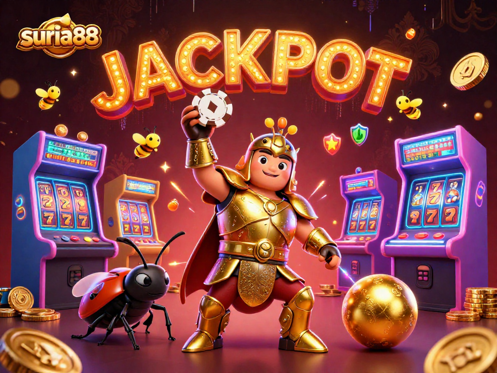 Engage with suria88's vibrant digital casino world, featuring characters and slot elements showcasing big wins.