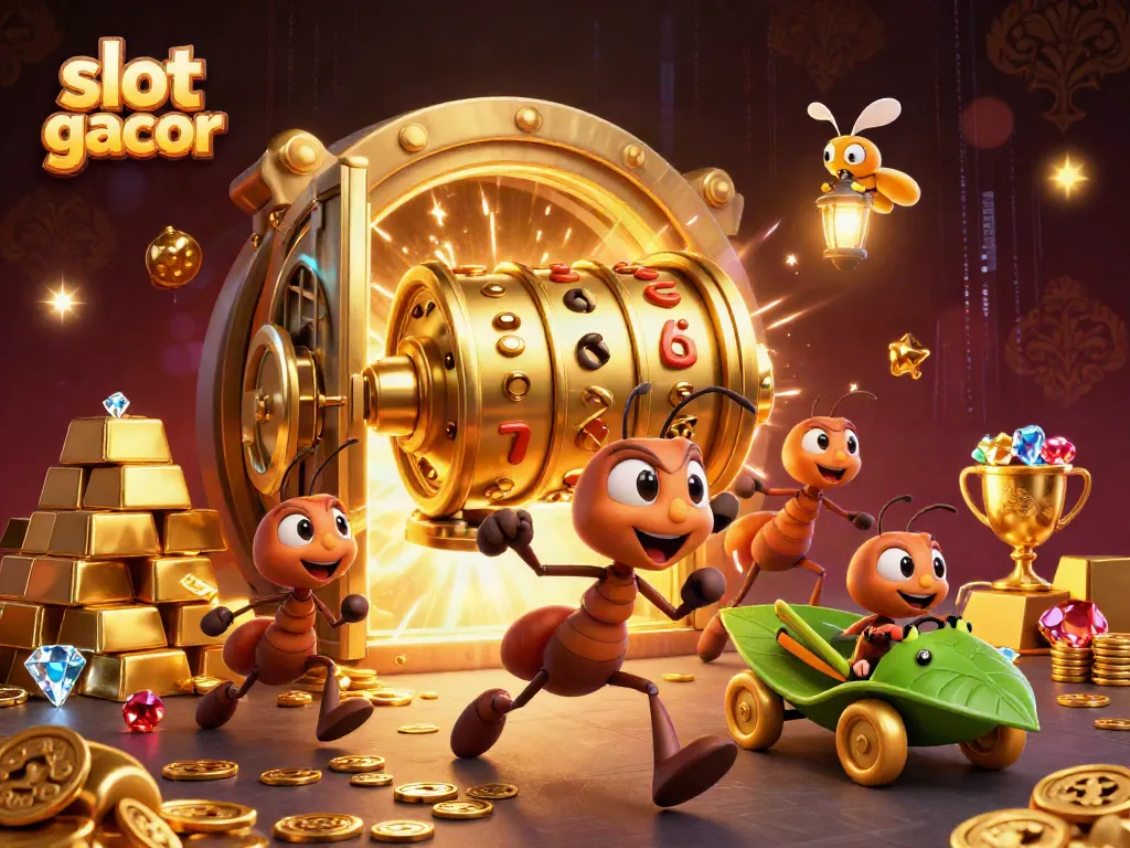 Menggoda slot gacor dengan ilustrasi tim semut kartun 3D beraksi membawa gulungan slot emas raksasa.