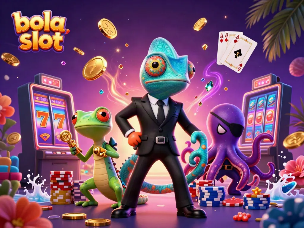 Spin and win with bola slot in this vibrant casino-themed illustration featuring a chameleon and gadgets.