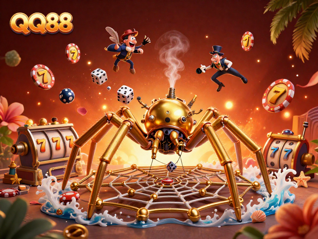 Engage with QQ88 by spinning slot reels and chasing jackpots in this vibrant 3D illustration.
