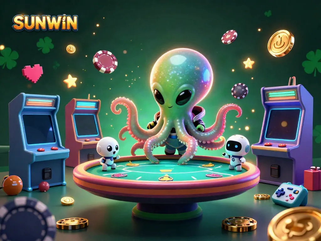SUNWIN thrilling game illustration showcasing a 3D cartoon alien octopus and robot at a cosmic poker table surrounded by arcade elements.