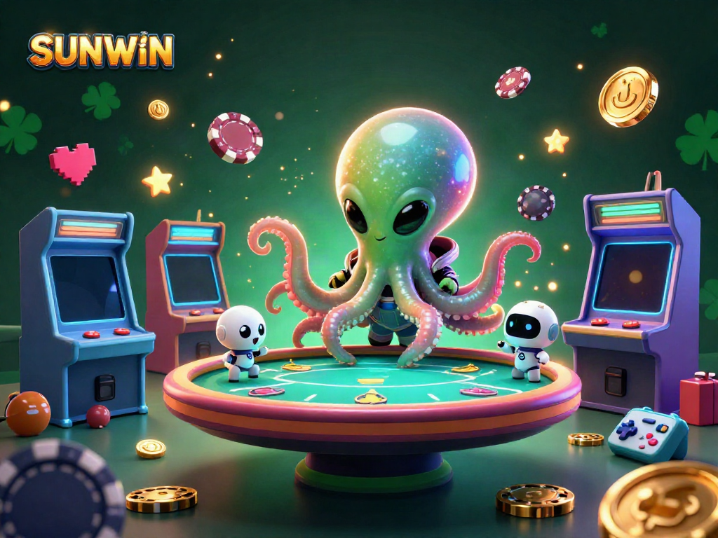 SUNWIN thrilling game illustration showcasing a 3D cartoon alien octopus and robot at a cosmic poker table surrounded by arcade elements.