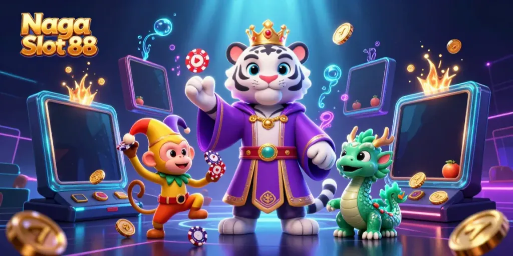 Naga Slot 88 showcases an epic casino adventure with a golden monkey and a majestic tiger.