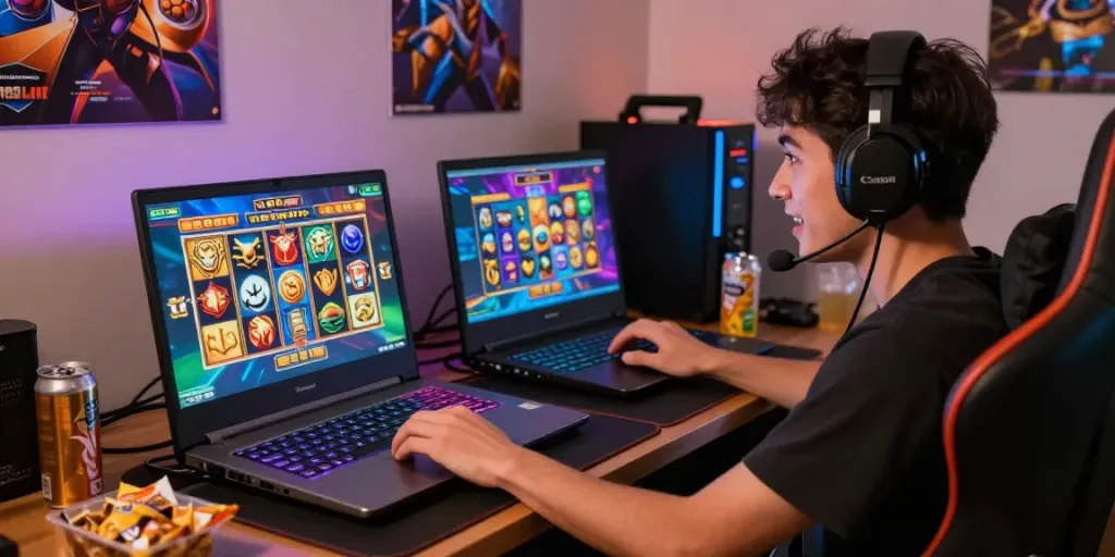 Player immersed in a PG SLOT game on a laptop with colorful graphics.