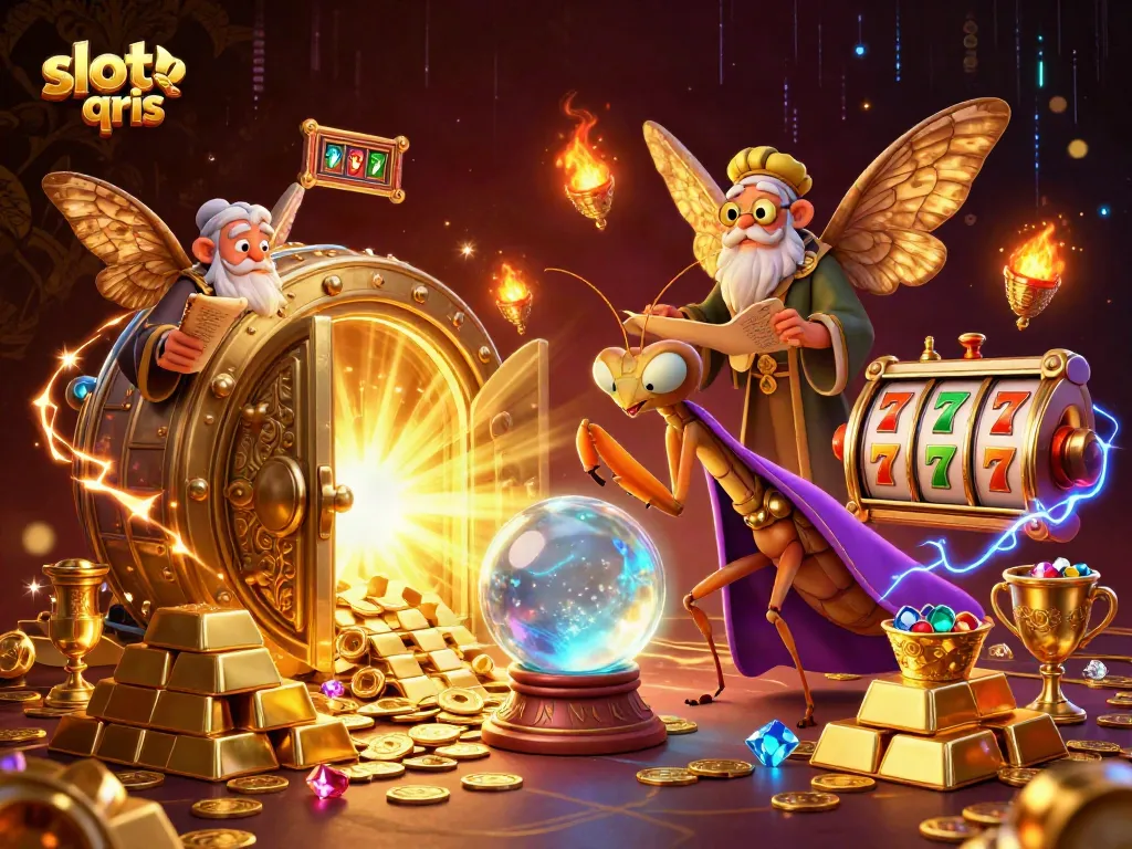 Engage with slot qris on a vibrant gaming scene featuring mystical characters, treasure, and captivating casino elements.
