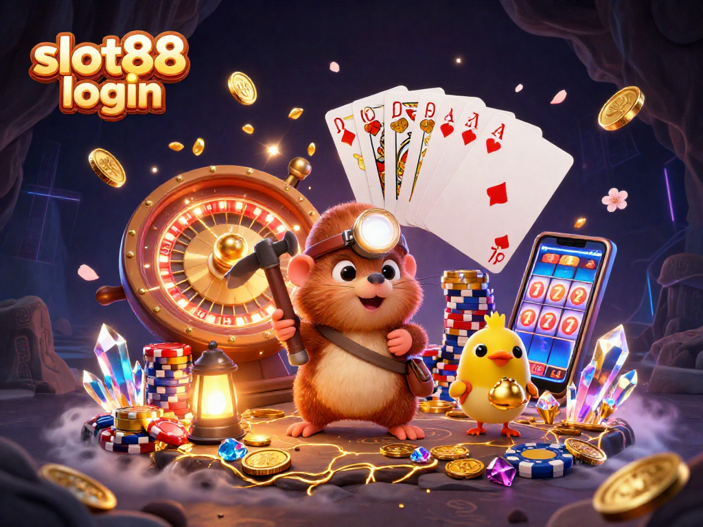Experience fun gaming with slot88 login in this vibrant casino illustration featuring treasures.