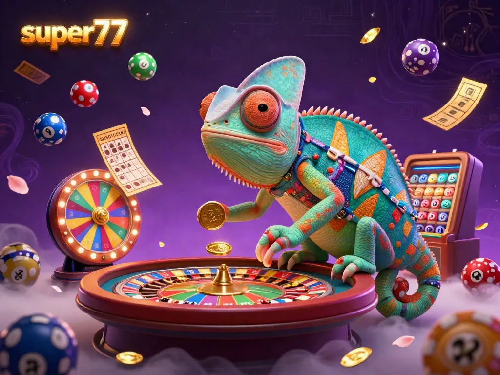 Experience the thrilling casino atmosphere of super77 with a colorful 3D chameleon owner capturing golden coins.