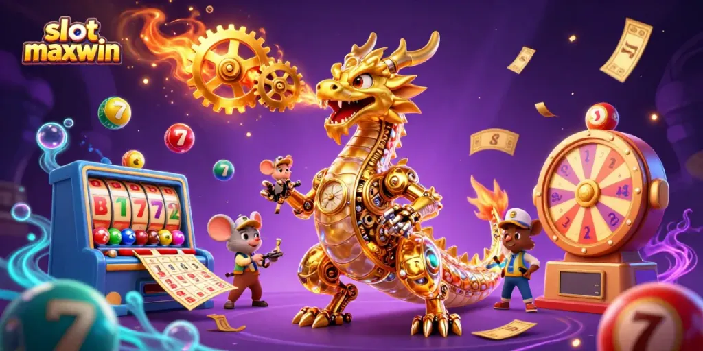 Engage with slot maxwin visuals featuring a golden dragon and colorful slot elements.