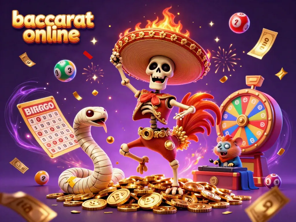 Baccarat online animated scene with playful characters celebrating.