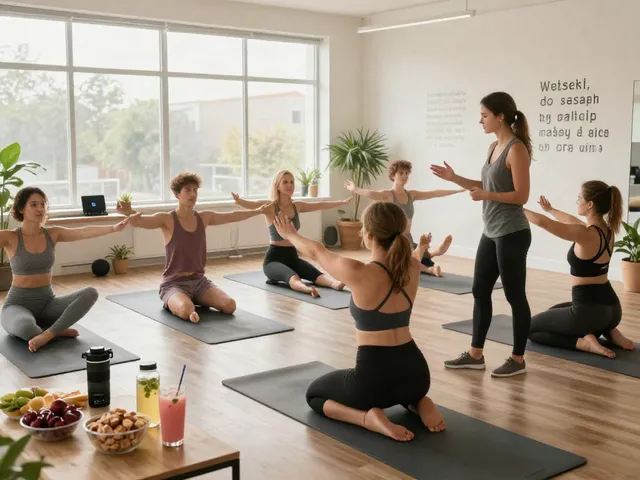 A group practicing wellness exercises in a fitness studio, highlighting the benefits of lipo c peptide.
