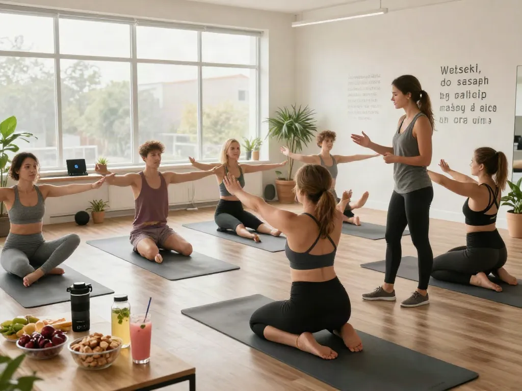 A group practicing wellness exercises in a fitness studio, highlighting the benefits of lipo c peptide.
