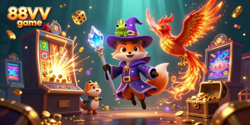 Engage with the thrilling world of 88VV game featuring a wizard fox, phoenix, and treasure under light