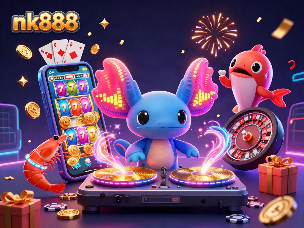 Engage in vibrant action with nk888's lively casino illustration featuring an energetic axolotl DJ.