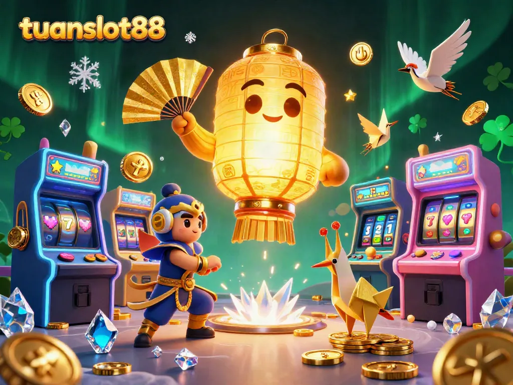 Menghadirkan keseruan bermain di tuanslot88 dengan ilustrasi menarik, melibatkan simbol keberuntungan dan mesin slot.