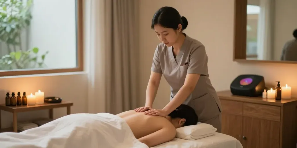 수원토닥이가 제공하는 편안한 마사지 공간에서 아로마 마사지 중인 모습