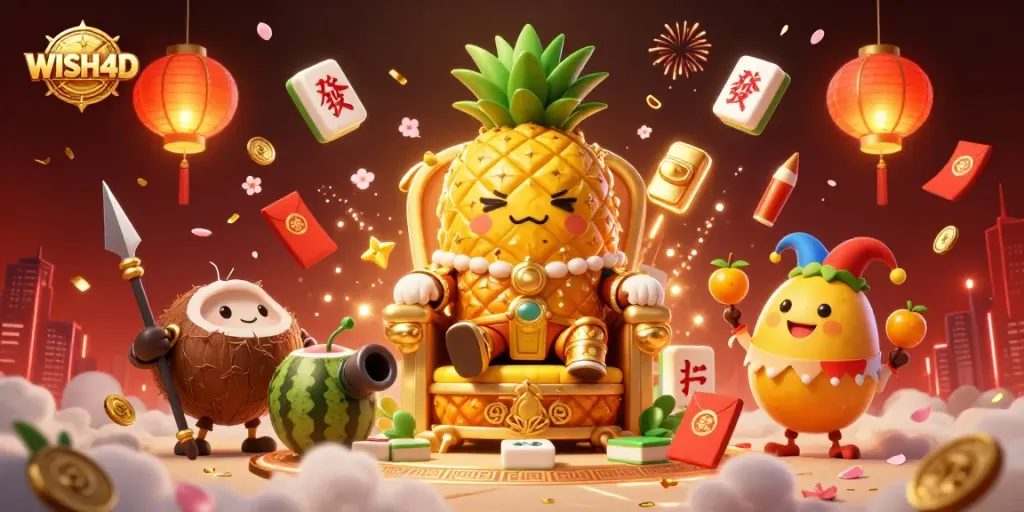 Spin and win with WISH4D, a lively scene featuring a pineapple king surrounded by festive casino elements.