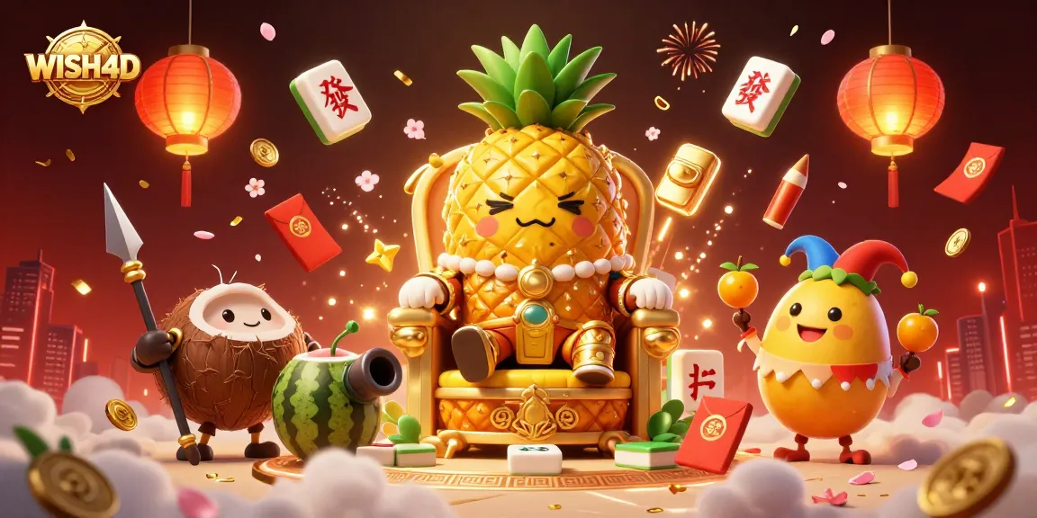 Spin and win with WISH4D, a lively scene featuring a pineapple king surrounded by festive casino elements.