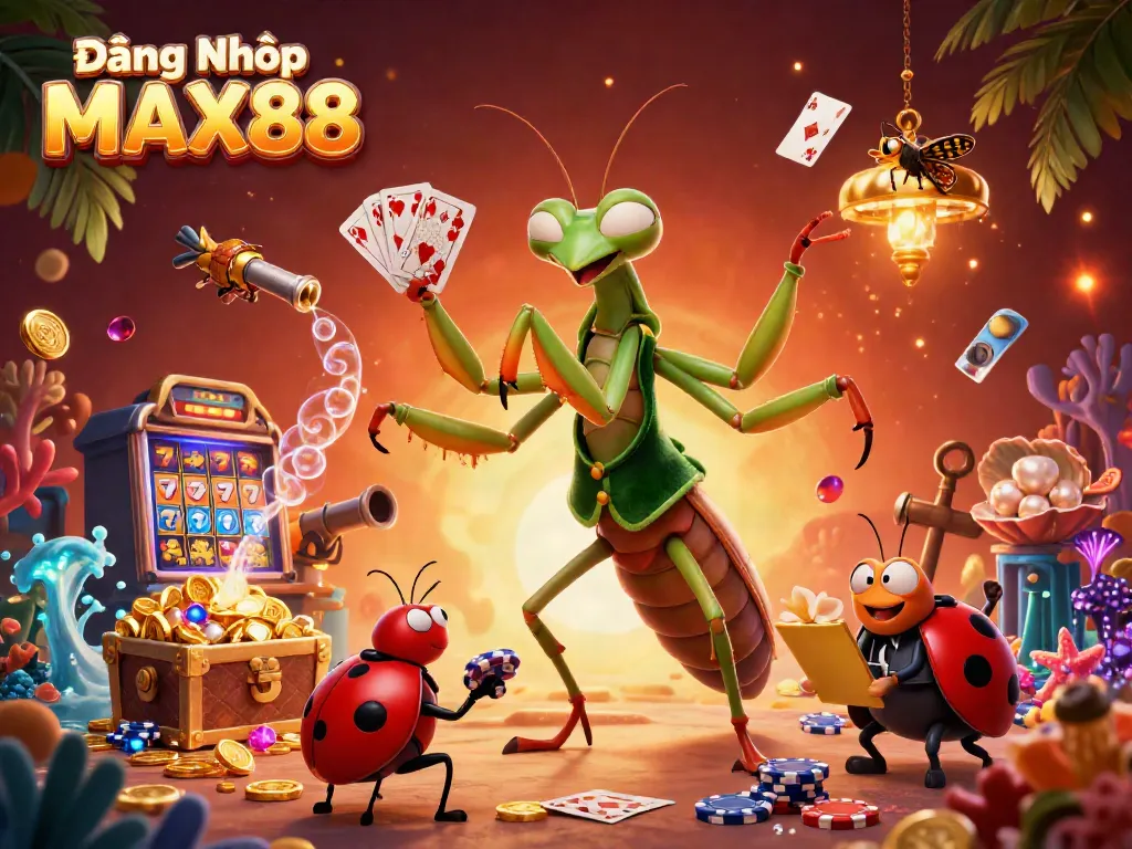 Engage with Đăng Nhập MAX88 through vibrant 3D casino illustration featuring thrilling card games.