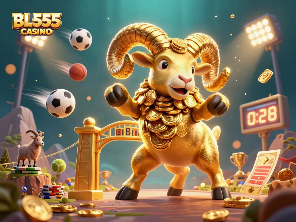 Experience thrilling action at BL555 casino with dynamic sports elements and a stunning golden ram in 3D.