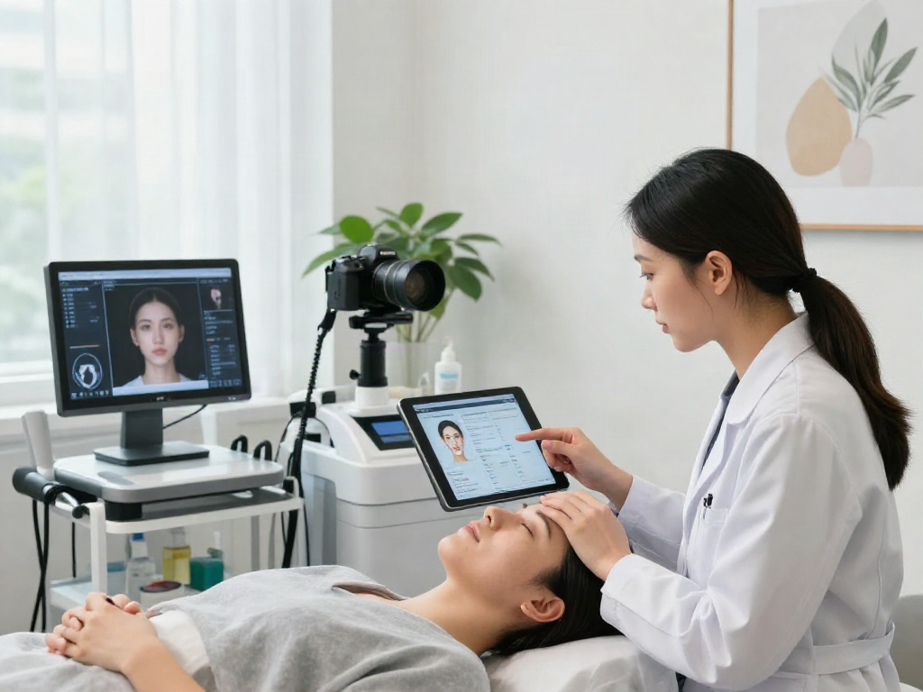 ClinicEvo vs QOVES facial analysis consultation showing aesthetician explaining digital metrics.