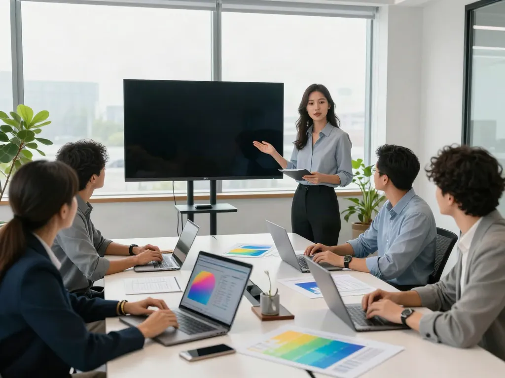 A professional team collaborating in a modern office space, where they sneak a peek here at innovative strategies.