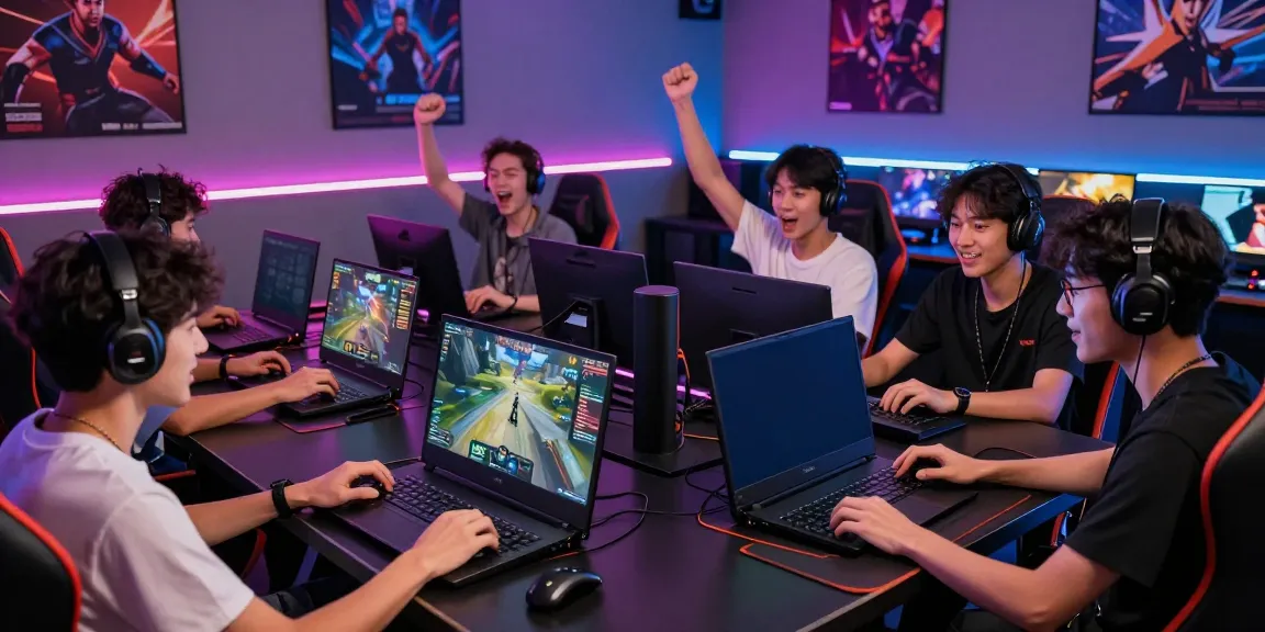 Exciting Bro138 gaming scene with diverse players engaged on laptops and smartphones.