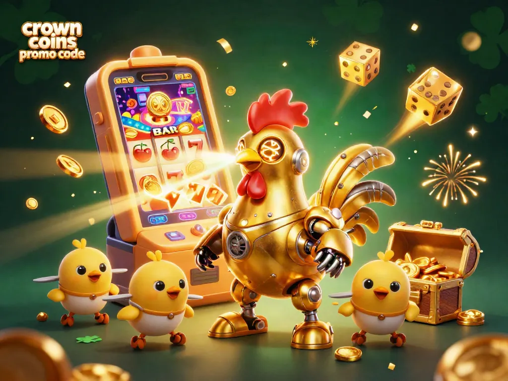 Play with crown coins promo code for thrilling casino rewards, featuring vibrant slot machine and golden treasures.