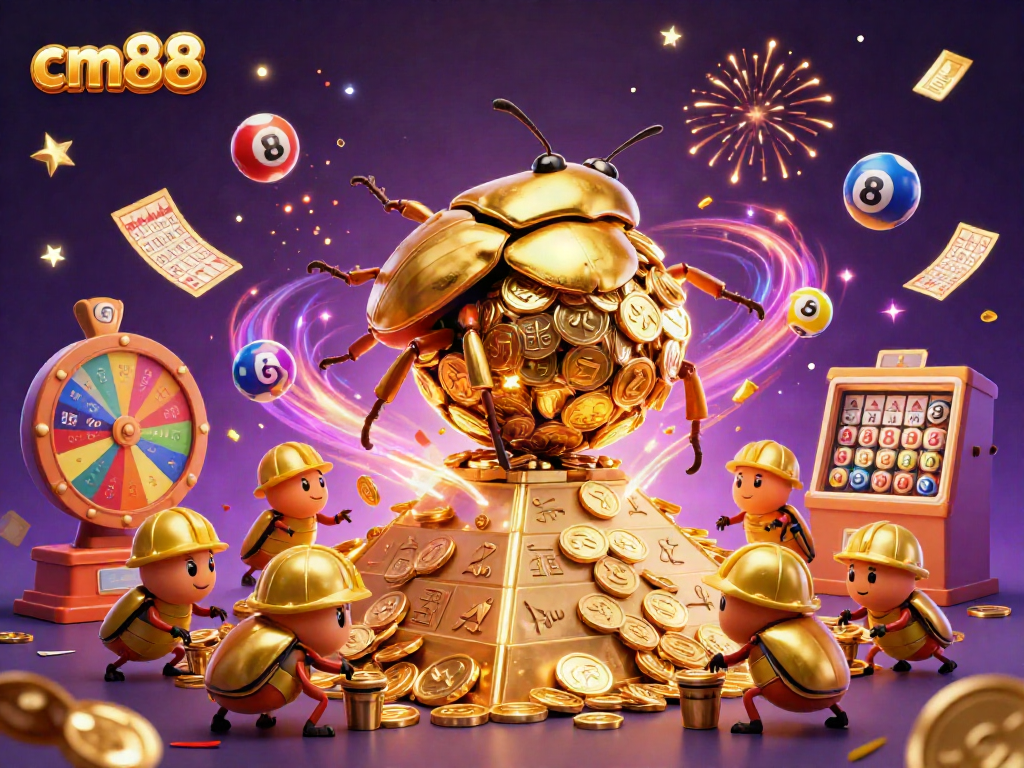 Experience thrilling action with cm88, featuring a golden dung beetle rolling coins amidst vibrant casino elements.