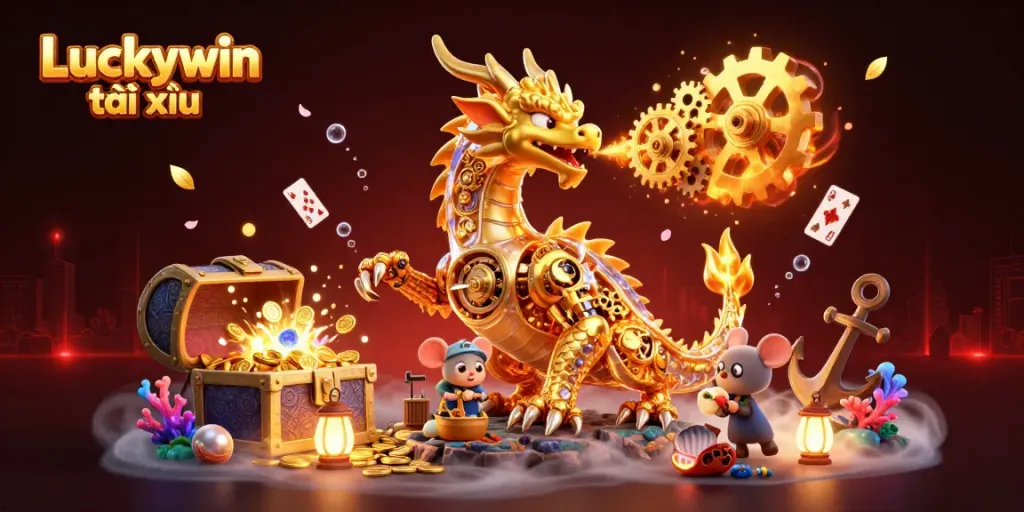 Engage in Luckywin tài xỉu with thrilling gameplay featuring a golden dragon and exciting treasures.