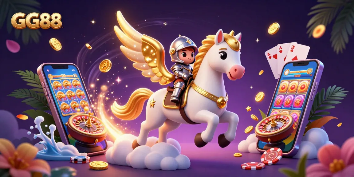 Experience thrilling wins at GG88 with a cartoon knight and celestial horse amidst vibrant casino elements.