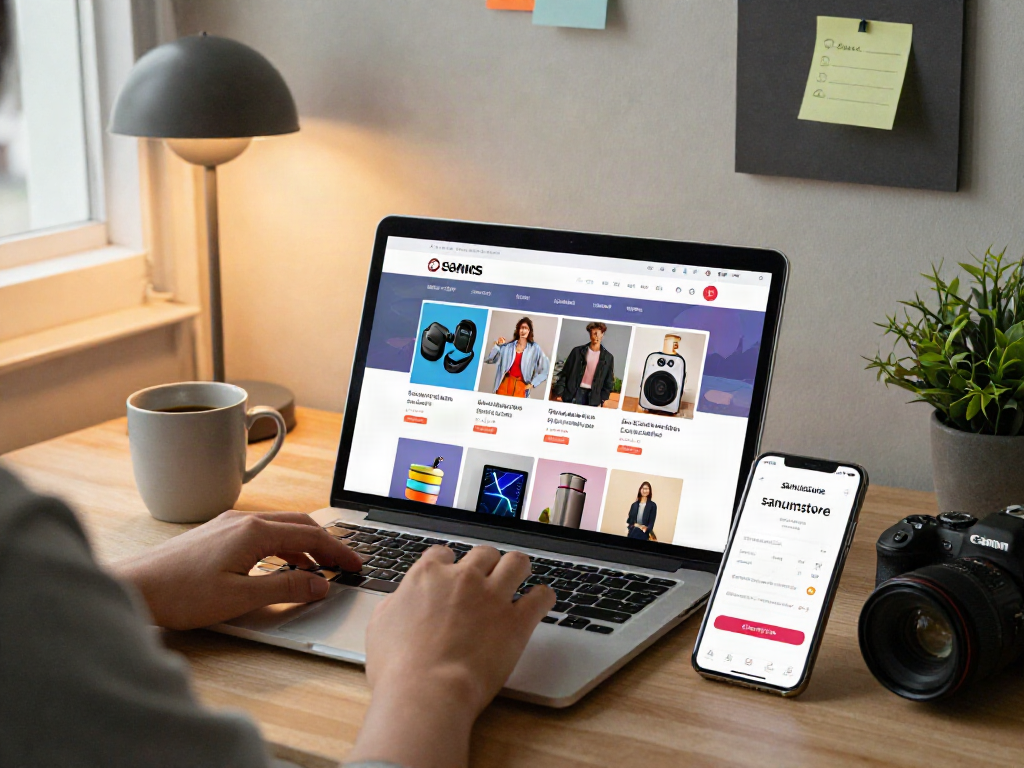 Engaging online shopping experience with sanumstore products on a laptop.