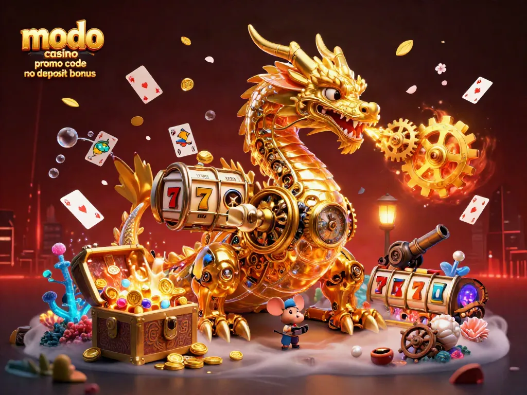 Engage with modo casino promo code no deposit bonus while exploring a mystical scene filled with slot reels and golden treasures.