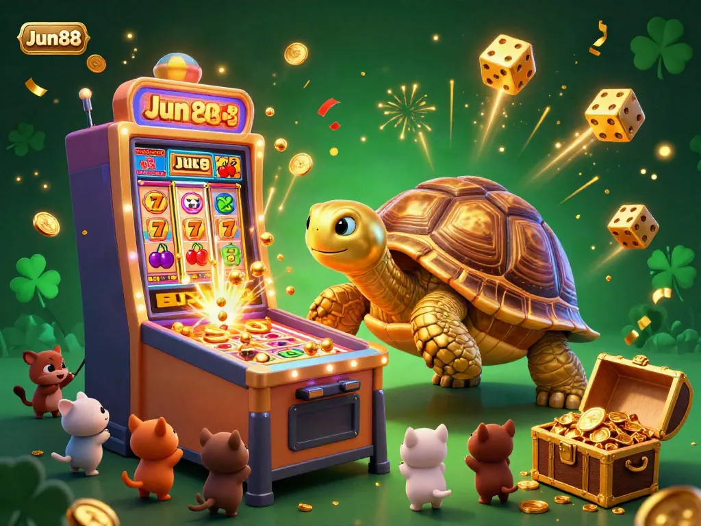 Experience the thrilling fun at Jun88 with a cartoon golden tortoise pinball machine and bursting slot jackpots.