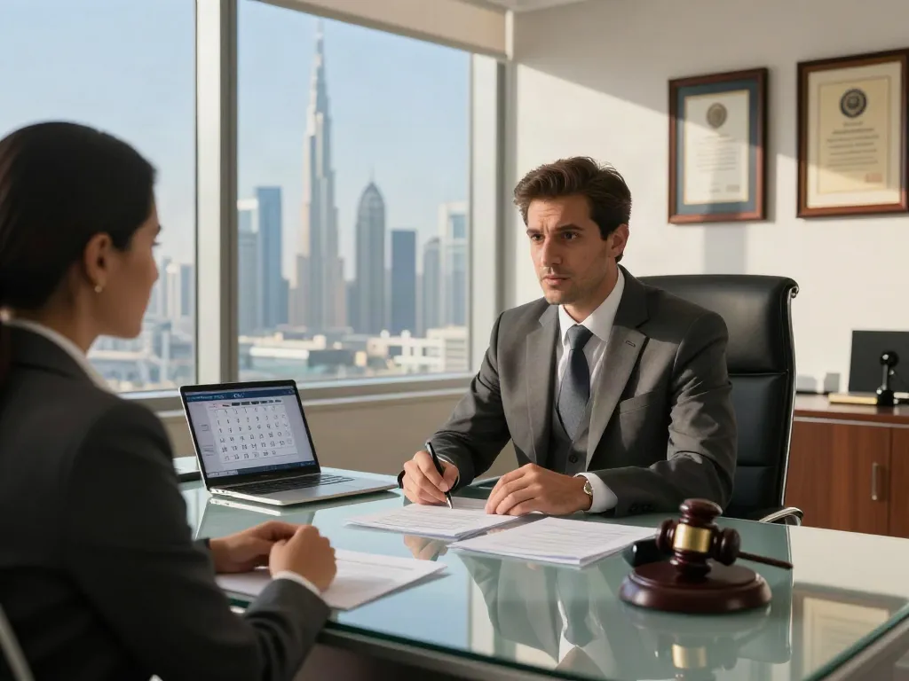Criminal Lawyer in Dubai advising a client in a modern office.