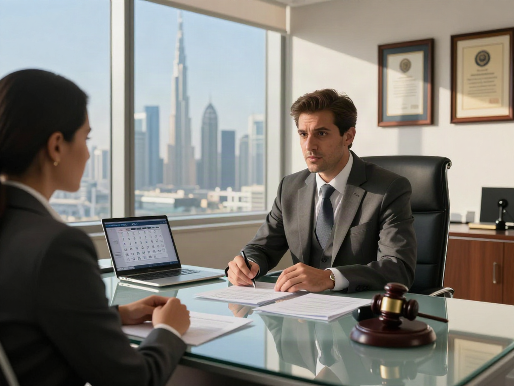 Criminal Lawyer in Dubai advising a client in a modern office.