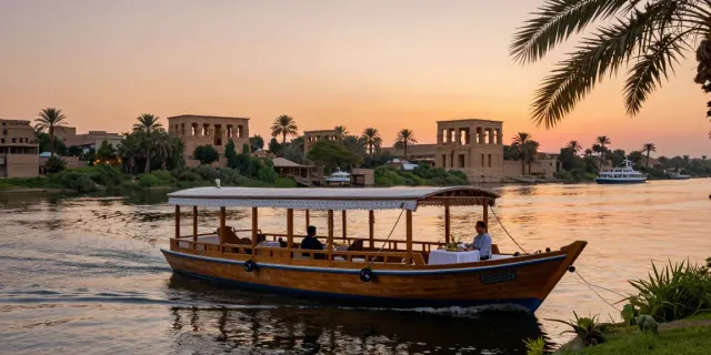 Dahabiya Nile cruise at sunset with a couple dining on deck surrounded by lush scenery.