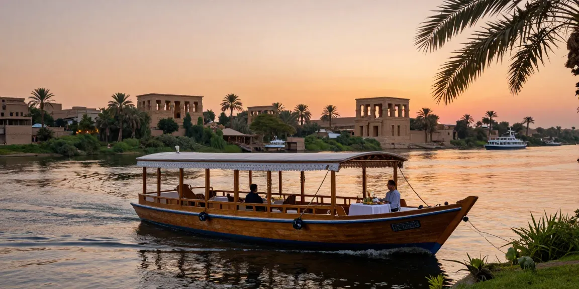 Dahabiya Nile cruise at sunset with a couple dining on deck surrounded by lush scenery.
