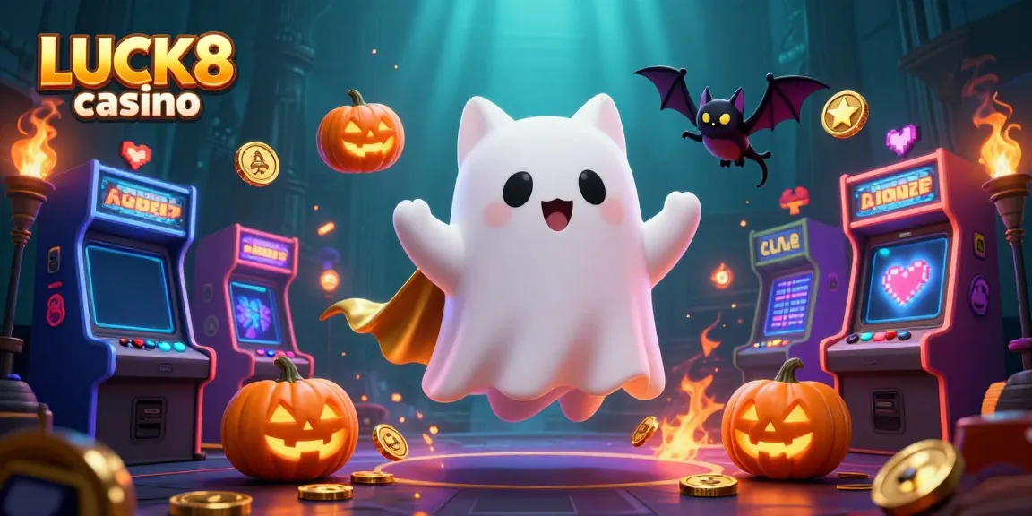 Experience the thrilling atmosphere of LUCK8 casino with ghostly charm and vibrant gaming elements.